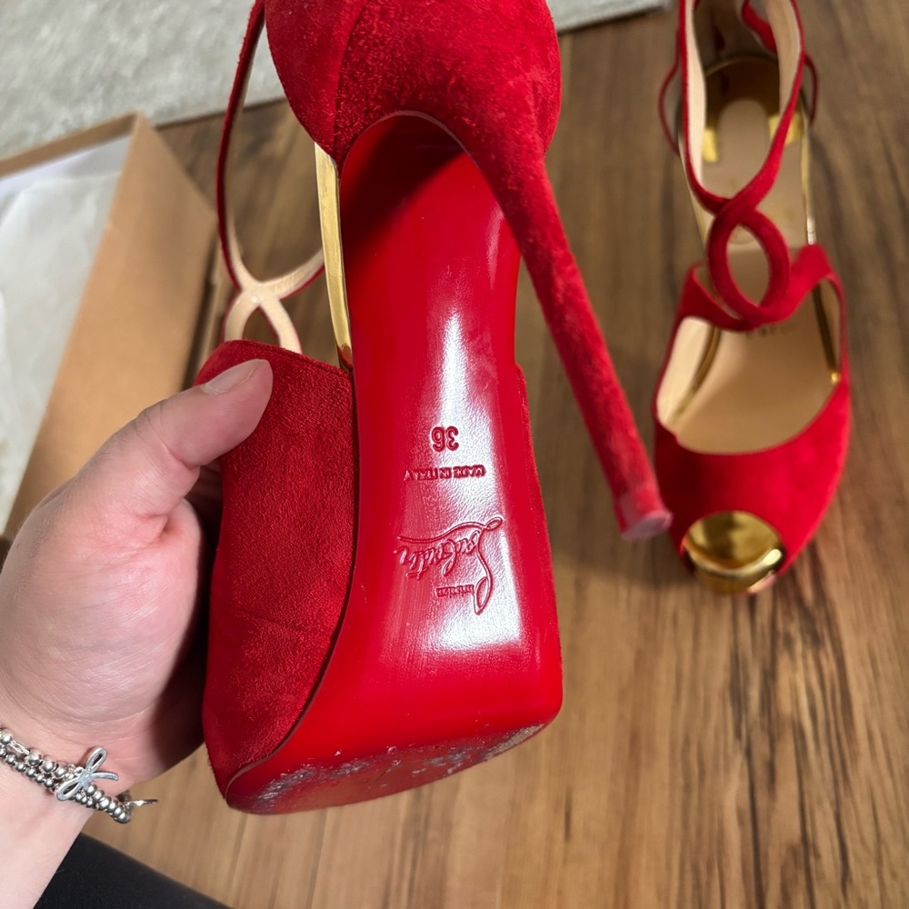Christian Louboutin ROSIE 120 Suede Platform Pumps Heels Sandals Shoes Red 36.5 - Picture 4 of 8